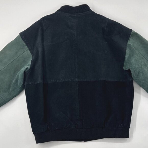 Vintage 90s Suede Leather Jacket Mens Large Bomber Pockets Zip Colorblock Retro - Picture 3 of 16